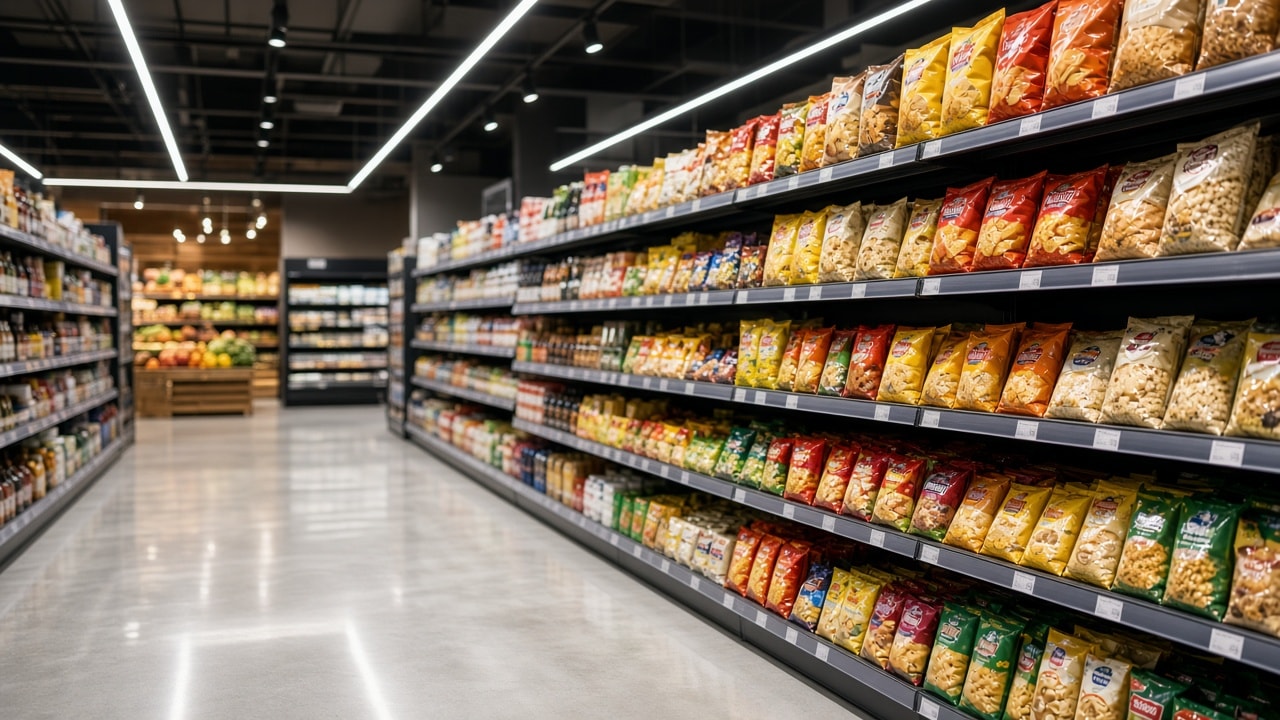 Pasillo de supermercado con anaqueles surtidos
