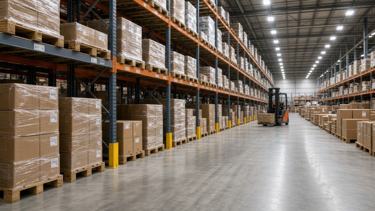 Piso de mayoreo con racks de pallets y pasillos amplios